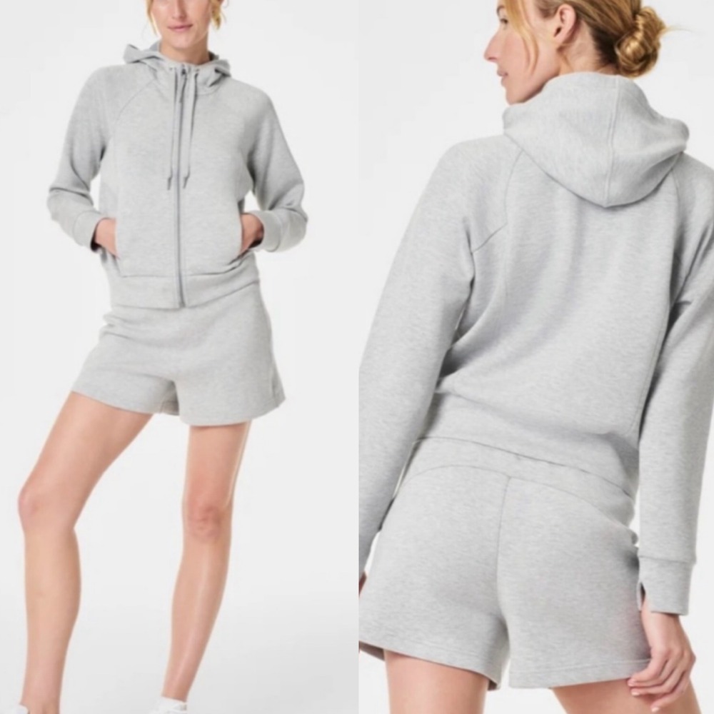 NWT SPANX Brushed Air Essentials Full Zip Hoodie Pale Grey Heather XS Oversized‎